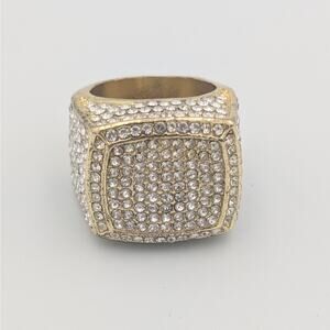 Iced Pavé Crystal Statement Ring – Gold Tone Square Ring – Bling Cocktail Ring